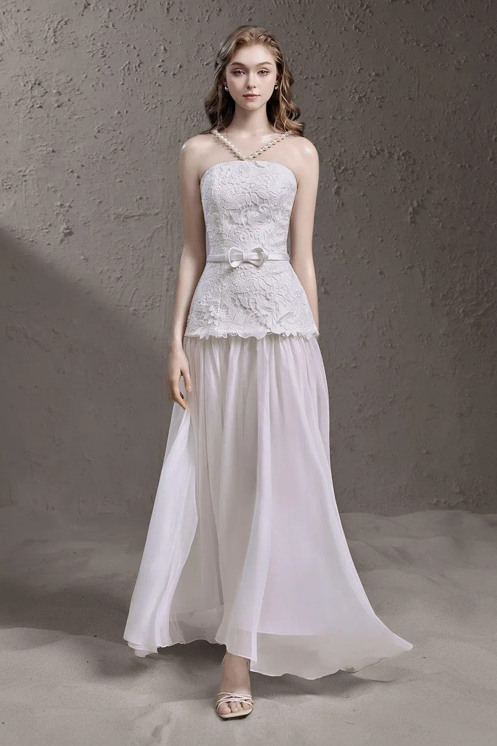 Lena Drop Waist V-Neck Silk Lace Floor Length Dress