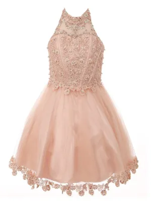 Little Girls Blush Halter Neck Rhinestone Sequin Flower Girl Dress 4-6