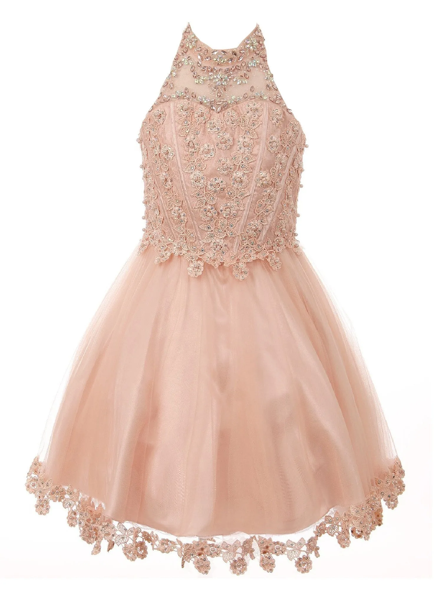 Little Girls Blush Halter Neck Rhinestone Sequin Flower Girl Dress 4-6