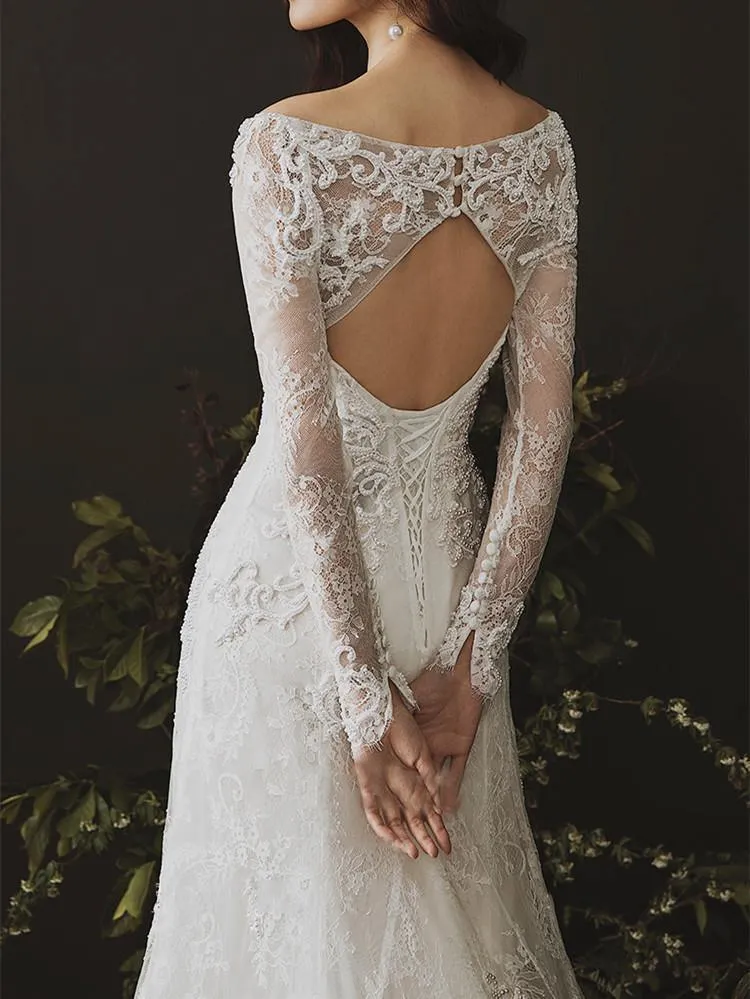Long Sleeves Sheath Wedding Dresses Lace Appliqued Gowns TN236