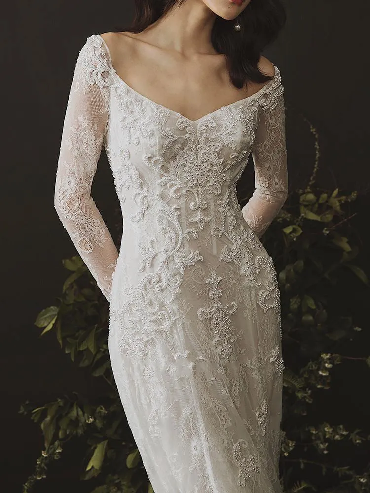Long Sleeves Sheath Wedding Dresses Lace Appliqued Gowns TN236