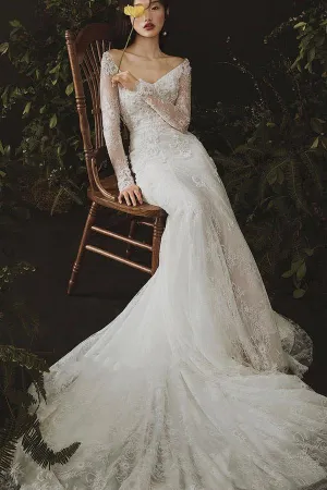 Long Sleeves Sheath Wedding Dresses Lace Appliqued Gowns TN236