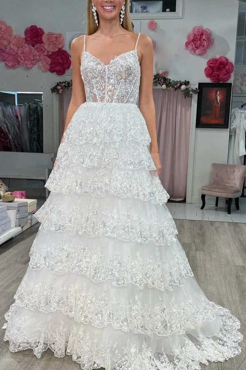 Maryam |A Line Spaghetti Straps Tiered Lace Prom Dress
