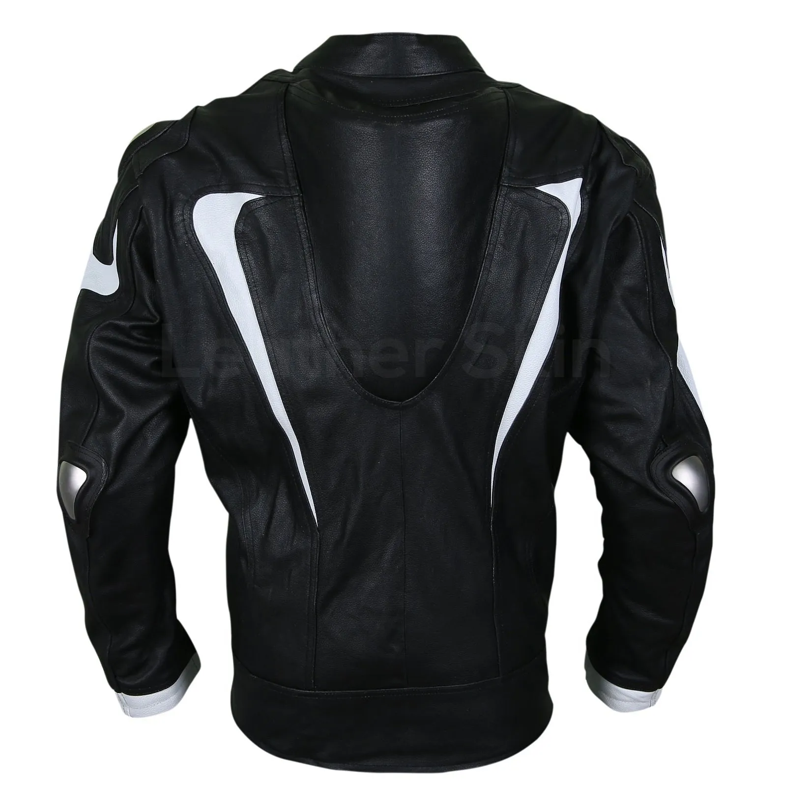 Men Black Motorcycle Leather Jacket with White Stripe Panels