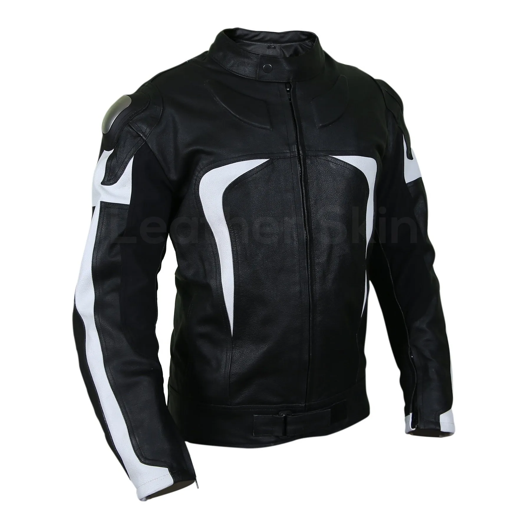 Men Black Motorcycle Leather Jacket with White Stripe Panels