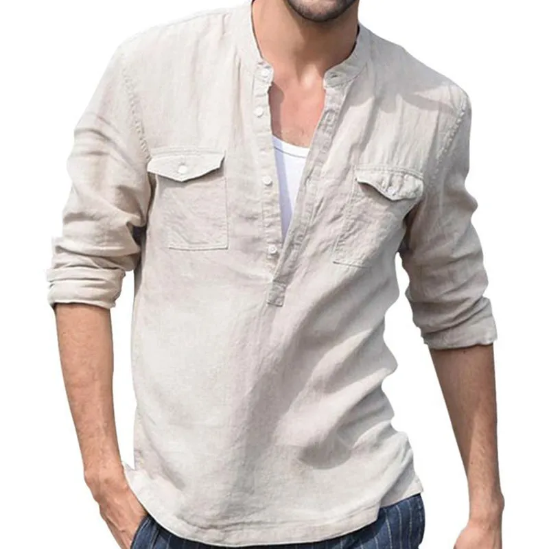 Men's Casual Cotton and Linen Button Collar Solid Color Long Sleeve T-Shirt 34387095U