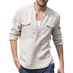 Men's Casual Cotton and Linen Button Collar Solid Color Long Sleeve T-Shirt 34387095U