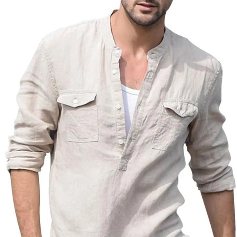 Men's Casual Cotton and Linen Button Collar Solid Color Long Sleeve T-Shirt 34387095U