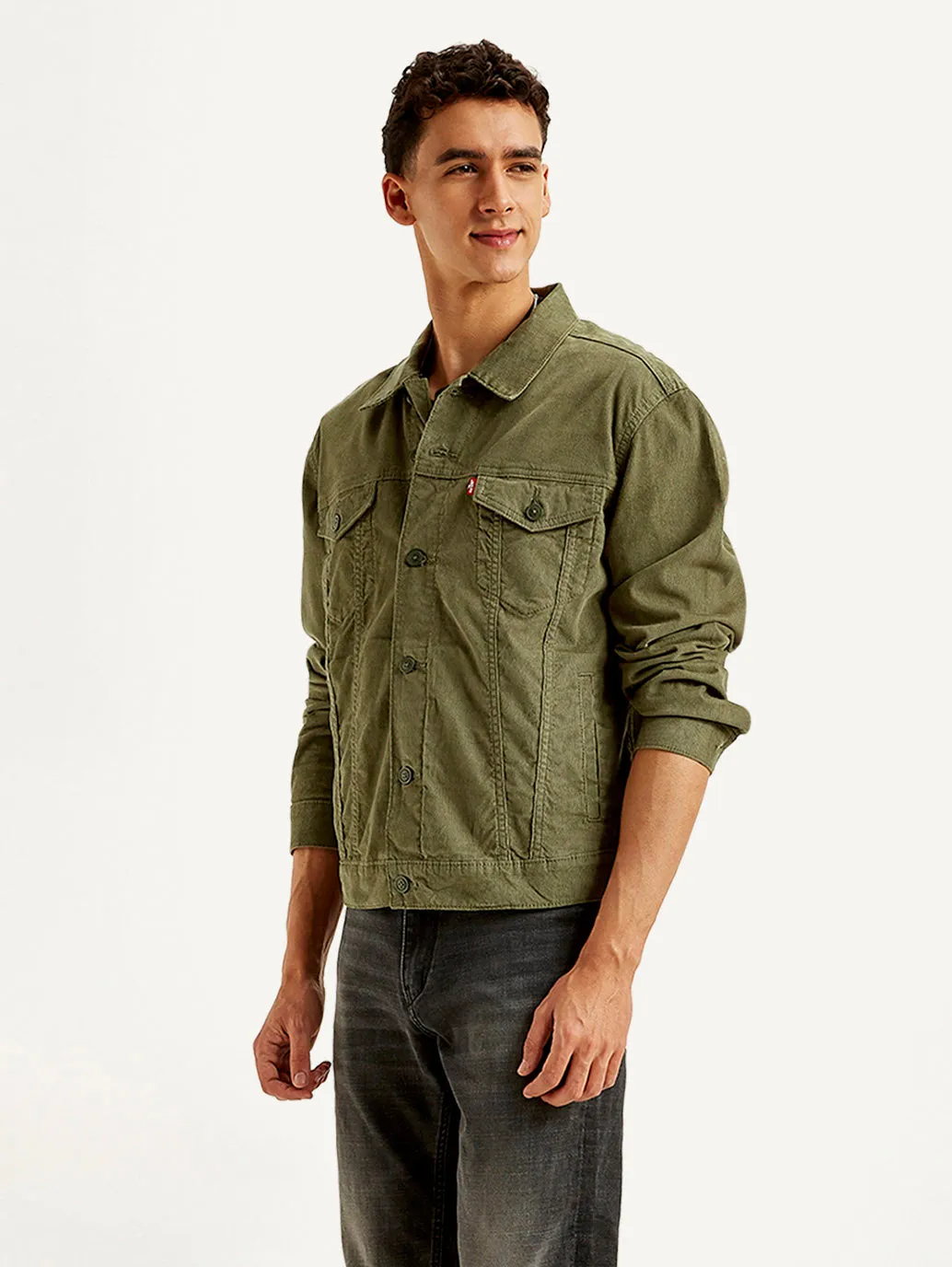 Men's Solid Olive Spread Collar Jacket