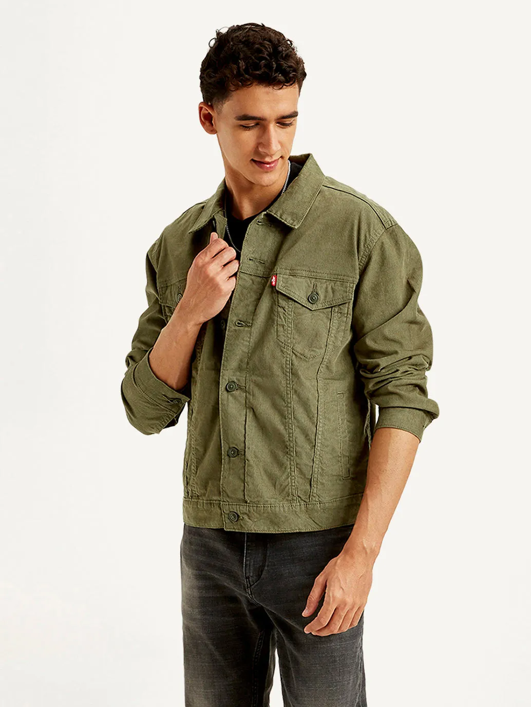 Men's Solid Olive Spread Collar Jacket
