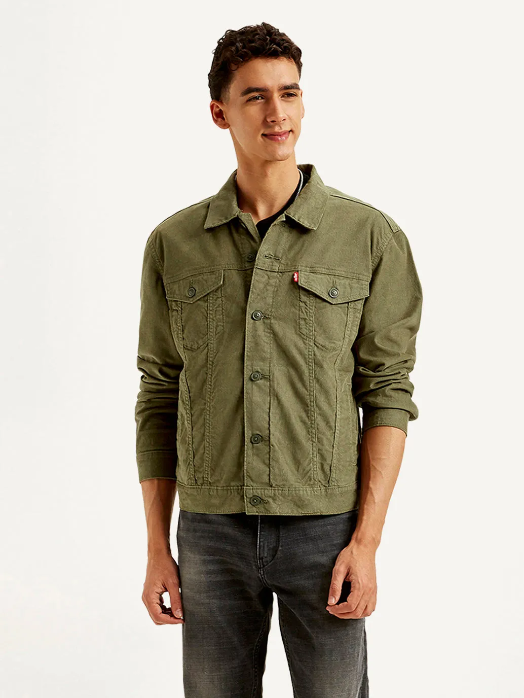 Men's Solid Olive Spread Collar Jacket