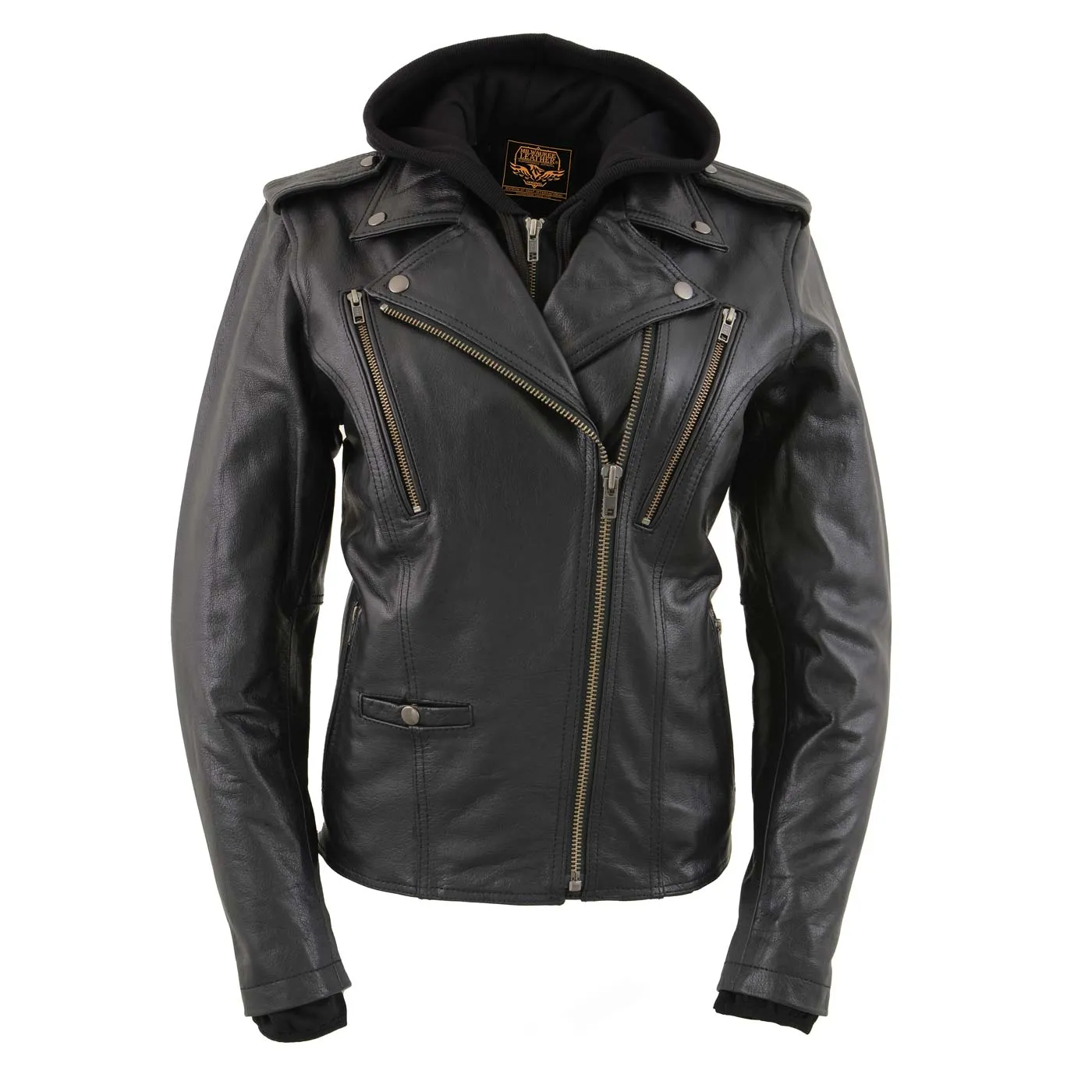 Milwaukee Leather LKL2739 Women's Black Premium Leather Vented Motorcycle Biker Jacket w/ Hoodie