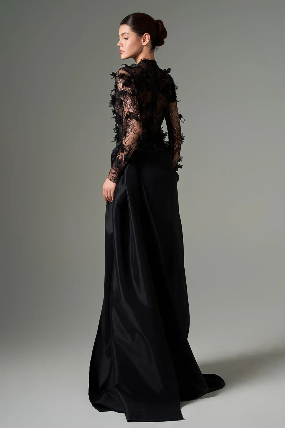 Roxana Slit Flower Applique Taffeta Floor Length Dress