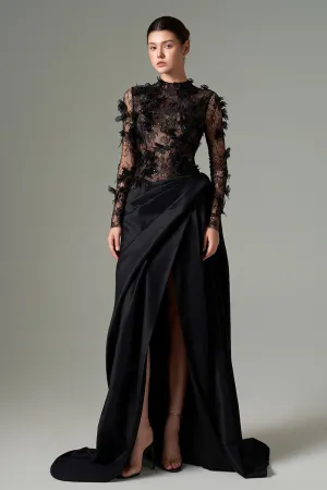 Roxana Slit Flower Applique Taffeta Floor Length Dress