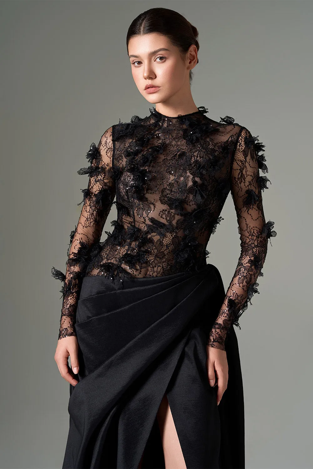 Roxana Slit Flower Applique Taffeta Floor Length Dress