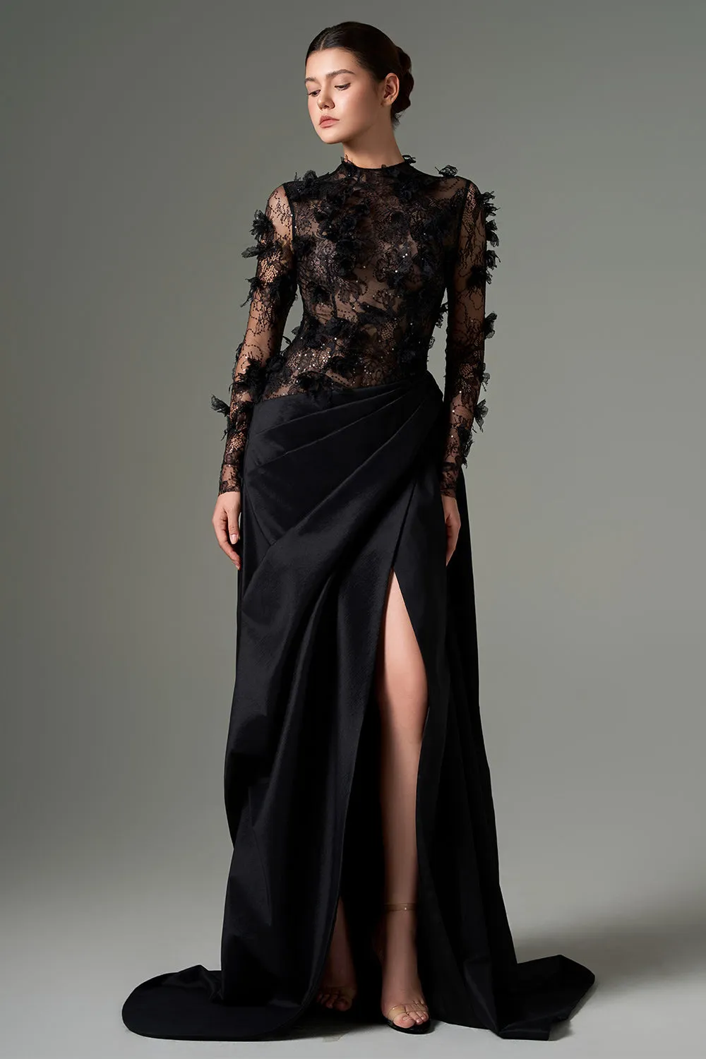 Roxana Slit Flower Applique Taffeta Floor Length Dress