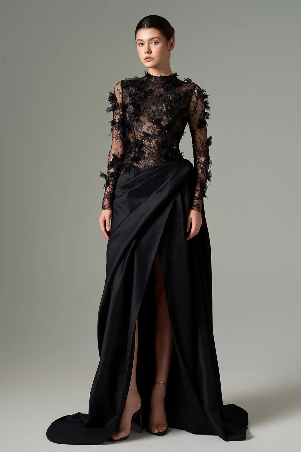 Roxana Slit Flower Applique Taffeta Floor Length Dress
