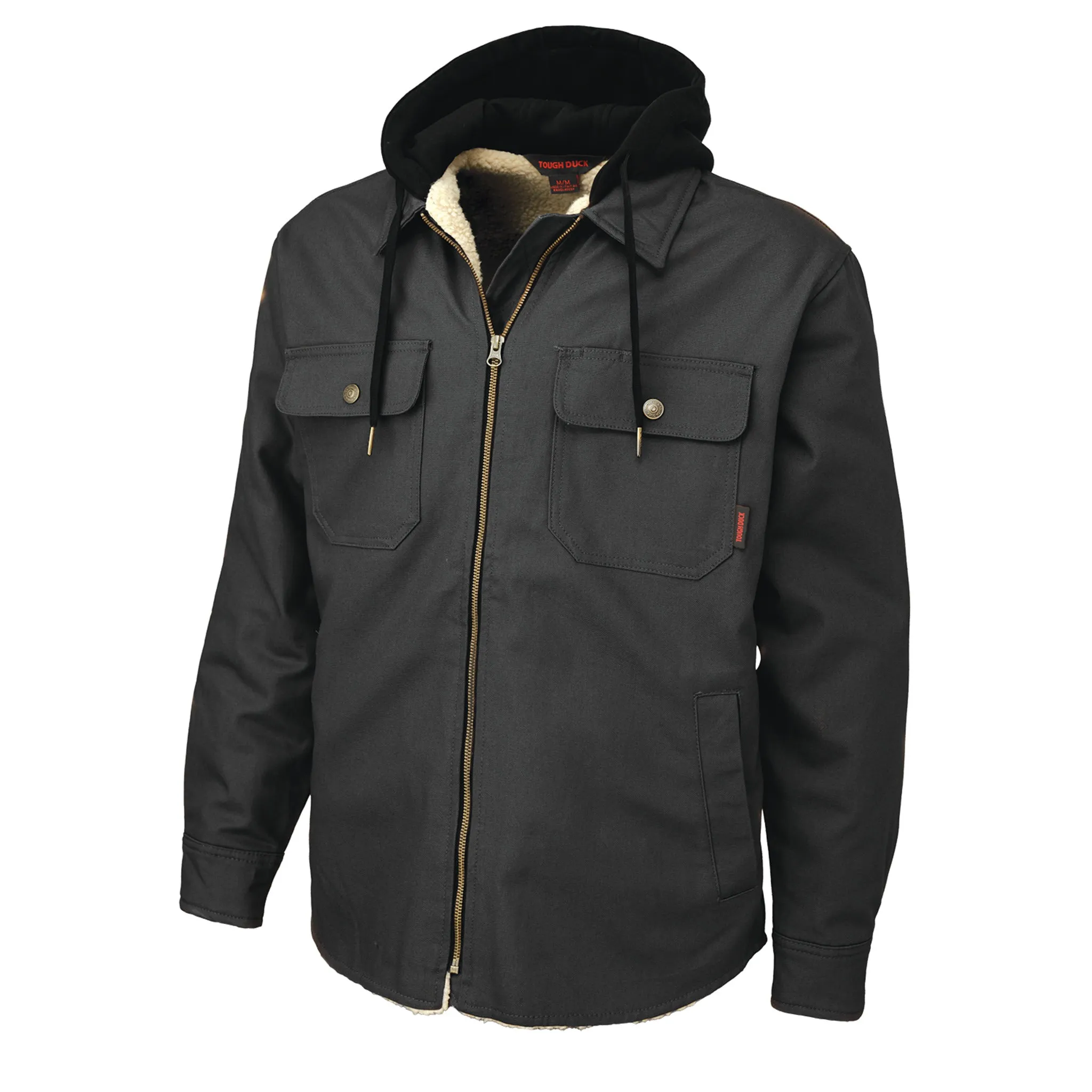 Tough Duck Men's Jac-Shirt WS03 - Sherpa Lined Cotton Duck, Hooded, Front Zip, Durable, Warm, for Outdoor Work, Construction, Agriculture | Sizes S-3XL