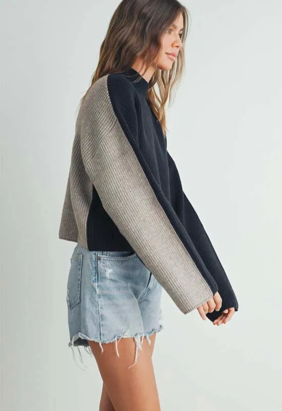 Two Tone Color Block Sweater - Black Taupe