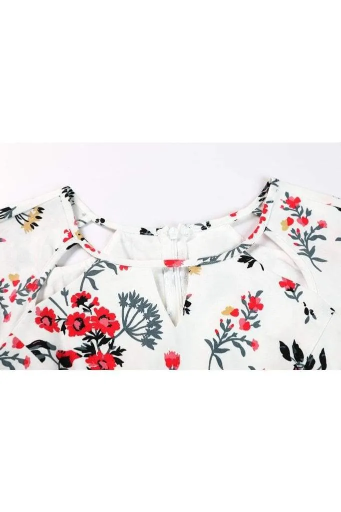 White Scoop Key Hole Detail Neckline with Red and Yellow Wild Flowers