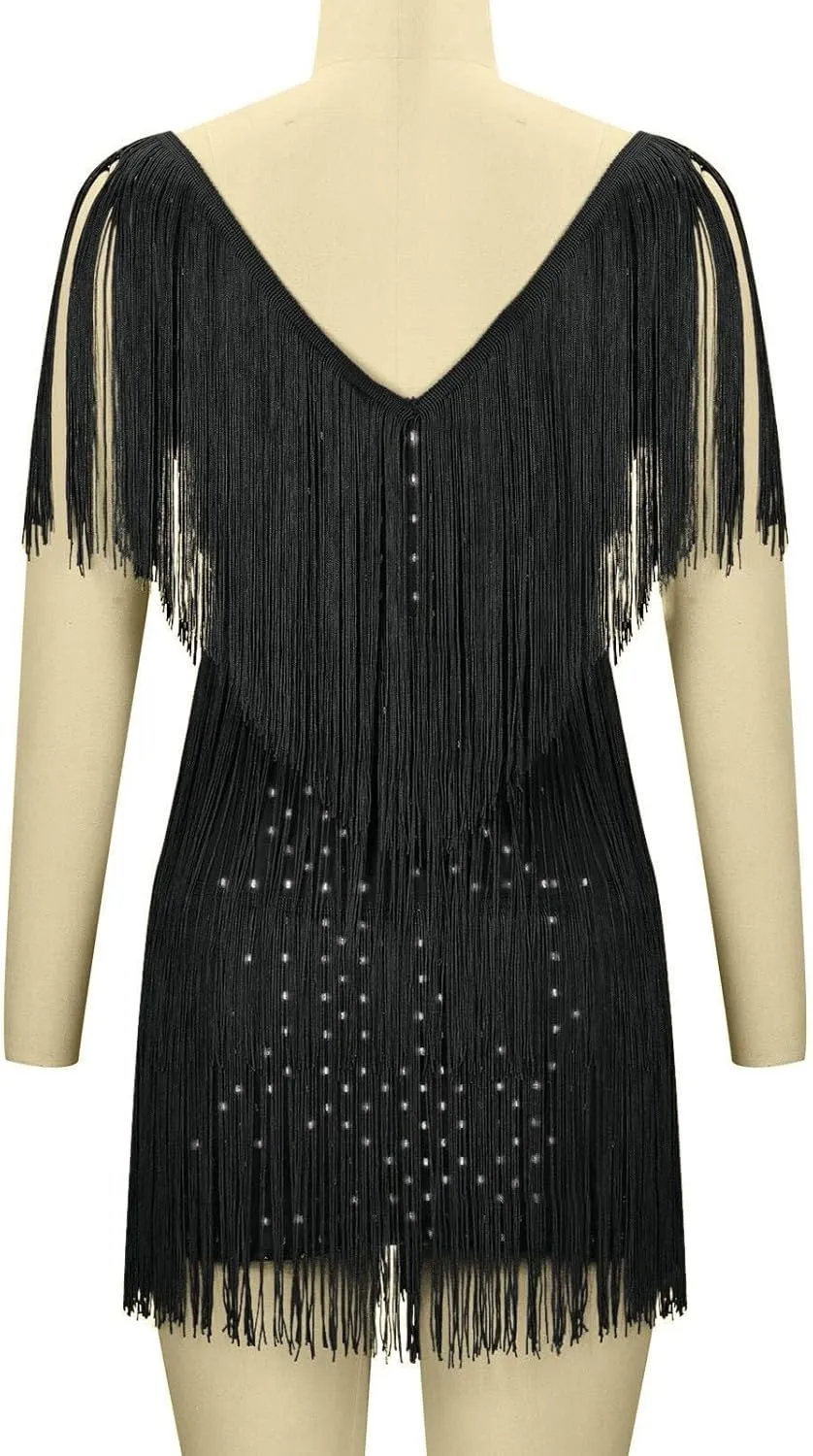 Women Sexy Deep V-Neck Bodycon Dress Summer Layered Fringe Tassel Flapper Dresses Club Party Prom Mini Strap Dress