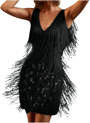 Women Sexy Deep V-Neck Bodycon Dress Summer Layered Fringe Tassel Flapper Dresses Club Party Prom Mini Strap Dress