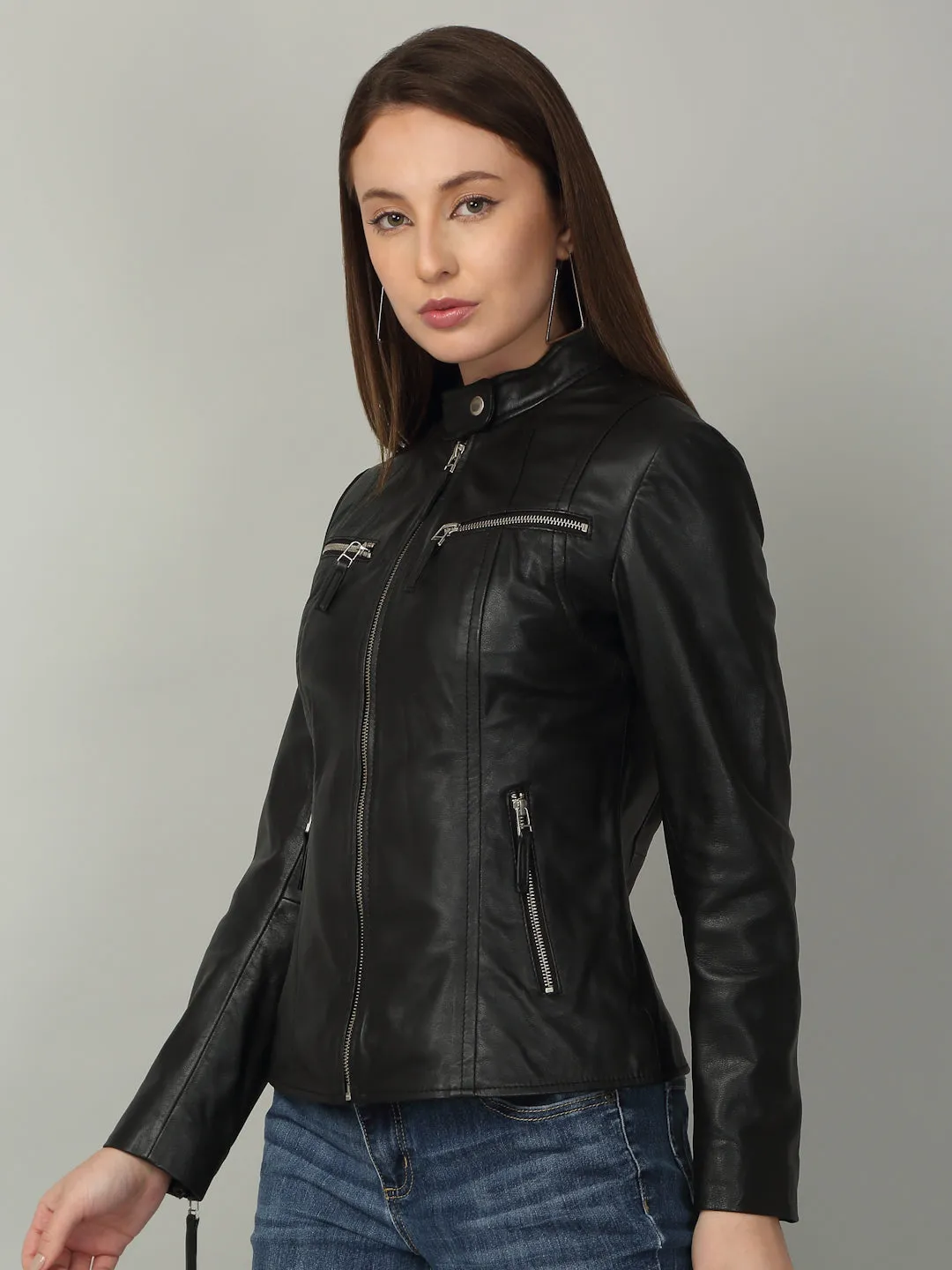 Women Sleek Black Leather Jacket