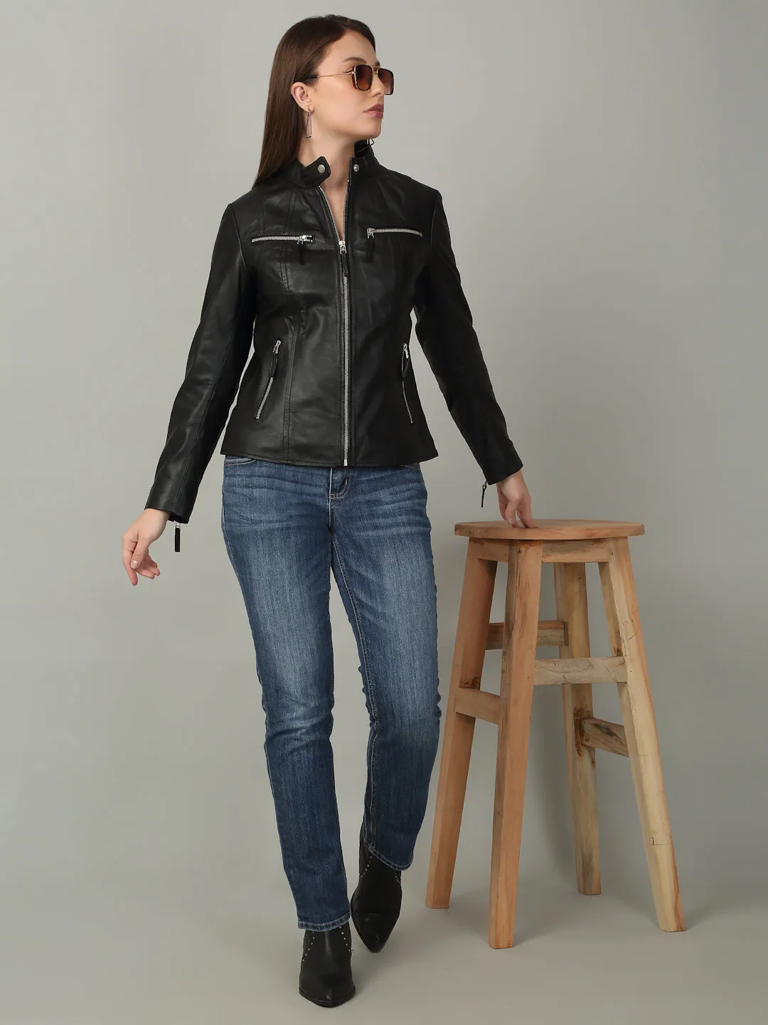 Women Sleek Black Leather Jacket
