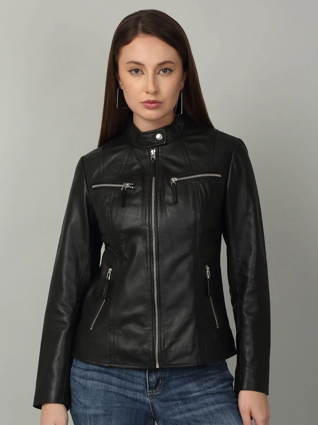 Women Sleek Black Leather Jacket