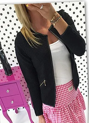 Women Solid Color Pocket Zipper Casual Jacket Coat